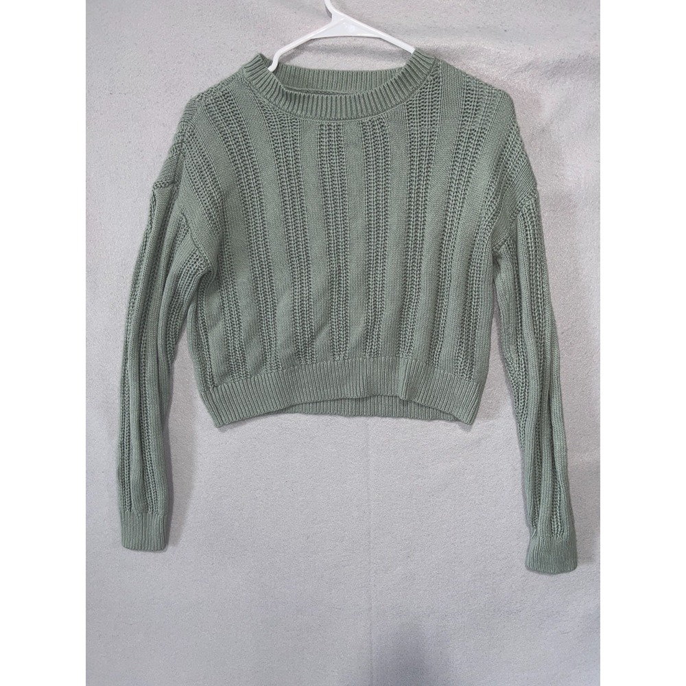 Aeropostale Cropped Sweater Womens Small Green Open Knit Ribbed Hem Long Sleeve